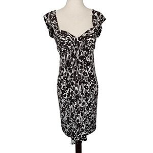 BCBGMAXAZRIA Dress Womens Small Black White Floral Ruched Baby Doll Cap Sleeve